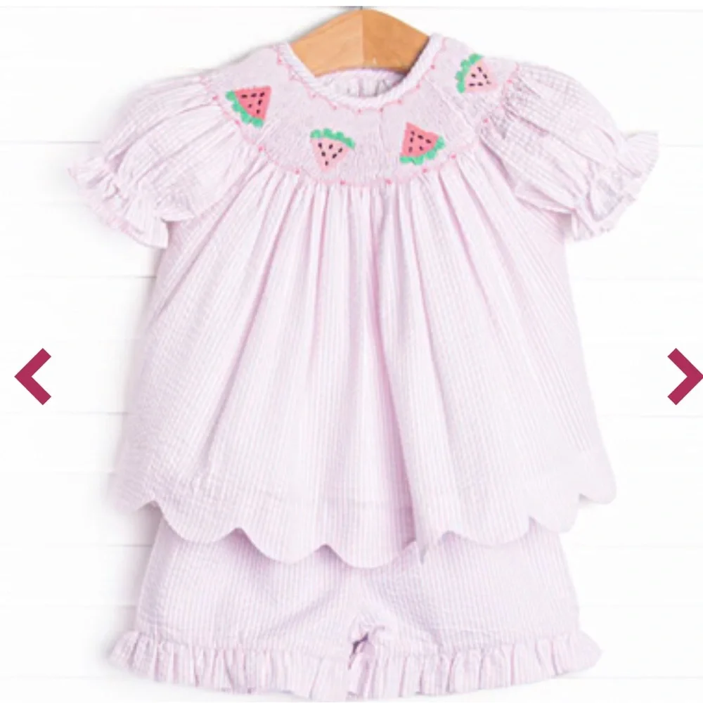 Stitchy Fish Pink Seersucker Smocked Watermelon Dress Set